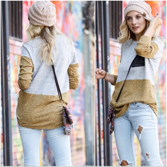 RESTOCK✨Long Sleeve Colorblock Tunic-mustard/gray - Picture 4 of 4